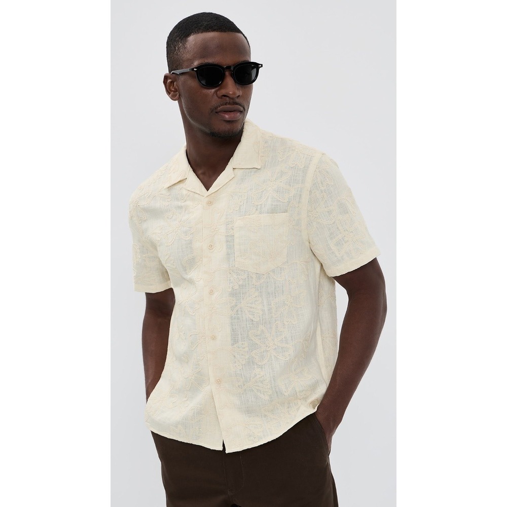 Vince Men's XL Embroidered Floral Cabana Shirt Ivory Linen Blend Button-Up $248